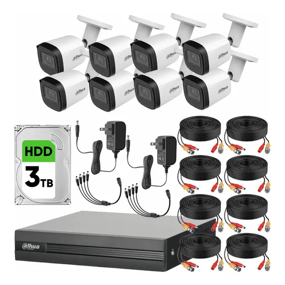 Kit videovigilancia cronos 8 cámaras Dahua bala metálicas B2A51 5mp + HDD 3TB + cables + accesorios - kit cctv DH-KIT-MET5MP-PLUS7S (dvr dahua XVR1b08-i circuito cerrado)