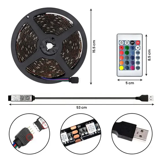 Luces Led Cinta Usb Tv Rgb 5 Metros Ip67 Con Control 5v