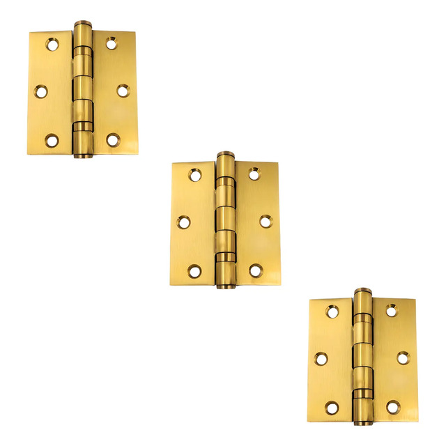Kit 3 Dobradiças Porta Inox Dourada Escovada 3 1/2 X 3 Rolamento Reforçado