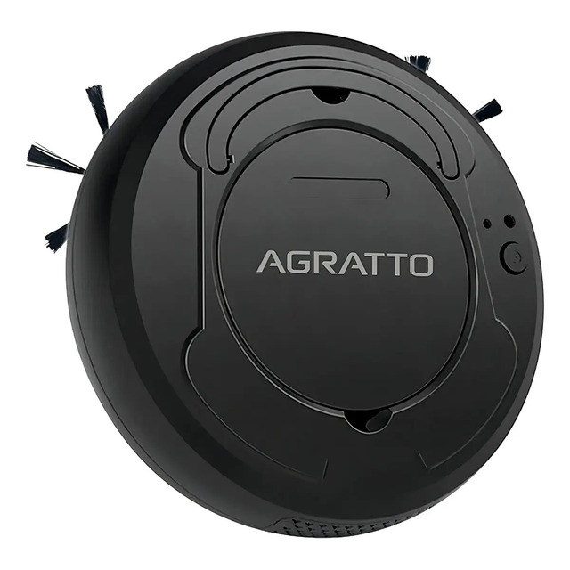 Aspirador de pó robô Agratto Praticci na cor preta com escovas laterais visíveis e logotipo centralizado