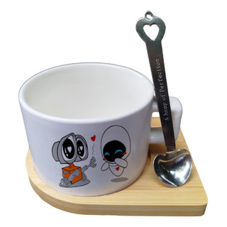 Taza De Té, Cuchara Y Base Bambú Wall-e Y Eva Personalizada Taza De Té, Cuchara Y Base Bambú Wall-e Y Eva Personalizada