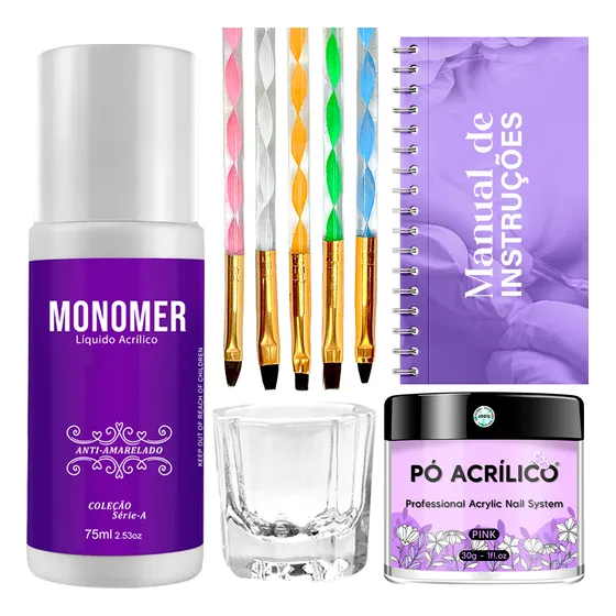 Kit Alongamento Unha Monomer Pó Acrílico 5 Pinceis Dappen