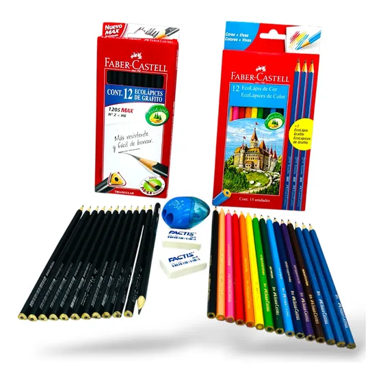 Set Lápiz Color + Grafito Faber + 2 Gomas + Saca Puntas
