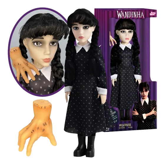Boneca Vandinha Addams + Mãozinha Wandinha Articu-lada Vinil