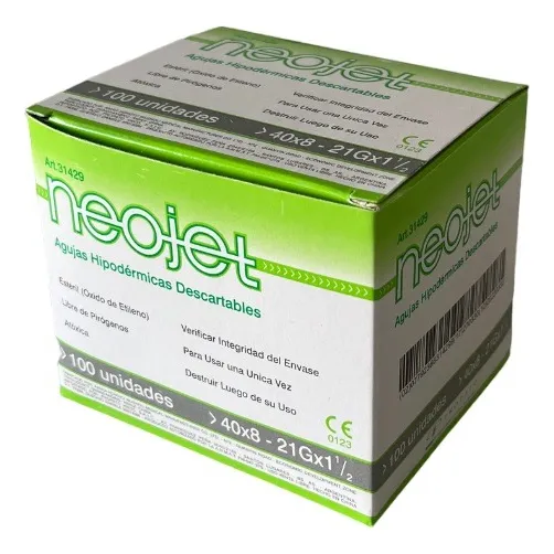 Aguja HiPodérmica Estéril Neojet 21 G X 1 1/2 40/8 X 100 Un. Capacidad En Volumen 40 Cc