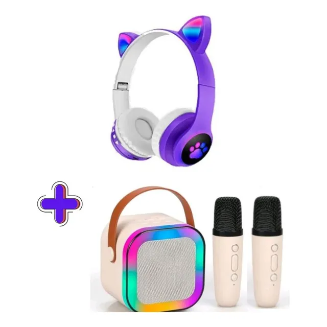 Fone Gatinho Infantil + Caixa De Som Karaokê Com 2 Microfone