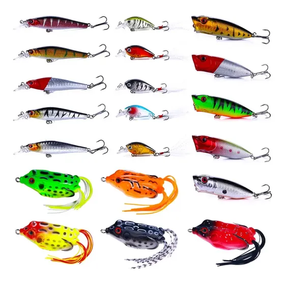 Pack 20 Señuelos 3d Variados Minnow Crankbait Popper Rana