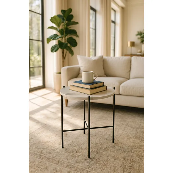 Mesa Auxiliar Ratona Jazak / Redonda / Estilo Marmolado Blanco / Elegante / Moderna Minimalista / Living Decoración Salón Dormitorio / Calidad Premium / Fácil De Armar
