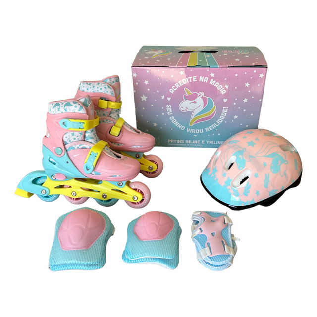 Patins Roller Com Kit De Proteção Ajustável Tamanho 33 Ao 37 Patins Roller Com Kit De Proteção Ajustável Tamanho 33 Ao 37