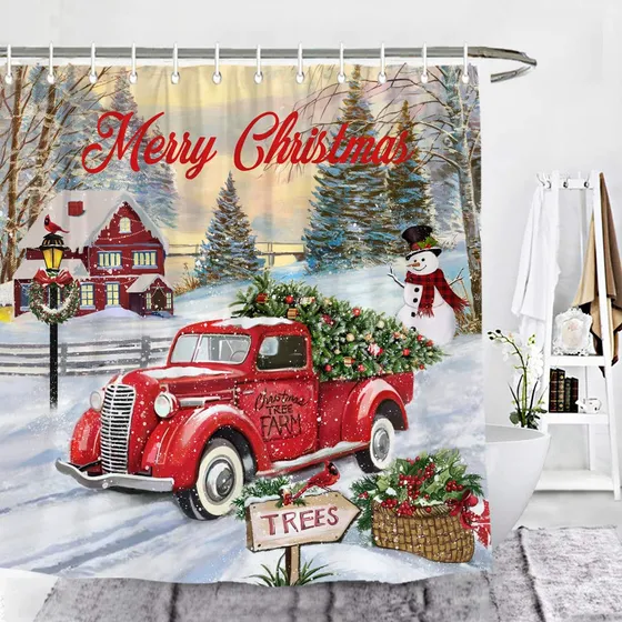 Cortina Ducha Camion Rojo Vintage Feliz Navidad Arbol