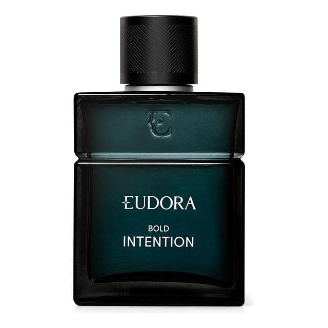 Frasco de vidro escuro do perfume masculino Eudora Bold Intention de 100ml com tampa preta sobre fundo branco
