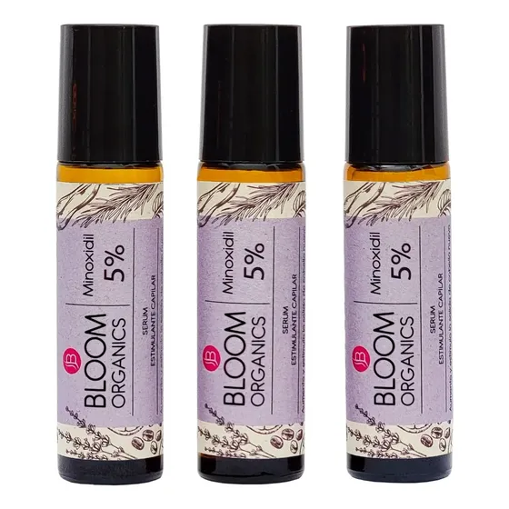Minoxidil Al 5% Bloom Organics Con Cafeína En Roll On 3 Pzas