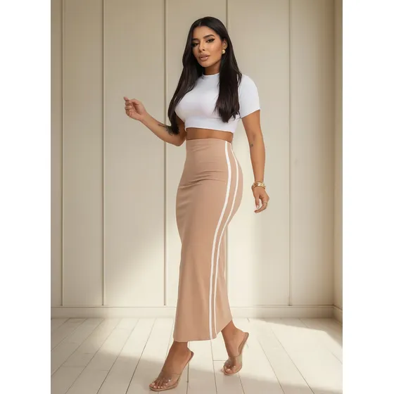 Saia Longa Maxi Longuete Listra Lateral Chic Estiloso Básico