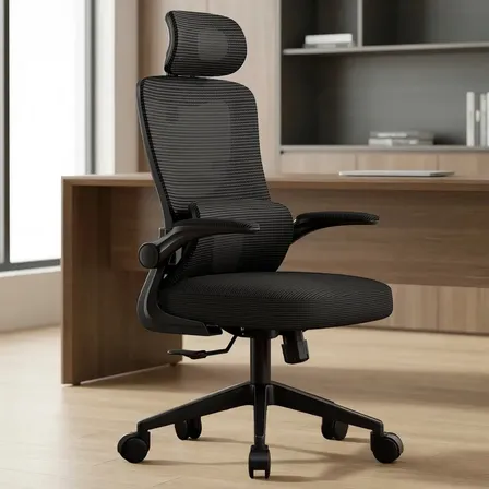 Cadeira Escritório Ergonômica Giratória Ajustável Delin Vertex Preta Em Mesh Com Suporte Lombar