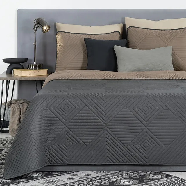 Edredón Ligero Doble Vista Real Textil + 2 Fundas de Almohada, Juego de Colcha Queen Size, Color Gris Oscuro - Café