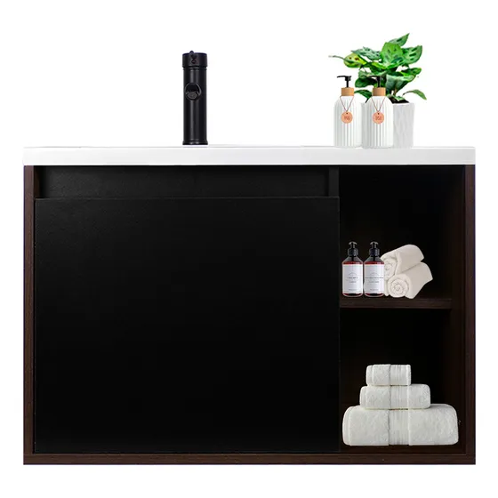 Gabinete De Baño Con Lavabo Decomobil Con Llave Minimalista Cantidad De Agujeros Para Llave Un Agujero Lavabo Blanco Mueble Parota - Negro Mate