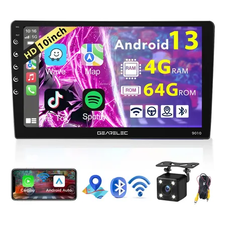 Gearelec Autoestéreo Pantalla 2 Din 4+64g Carplay 10 Pulgadas Android 13 Gps Wifi Bluetooth Con Cámara Soporte Subwoofer Usb Fm