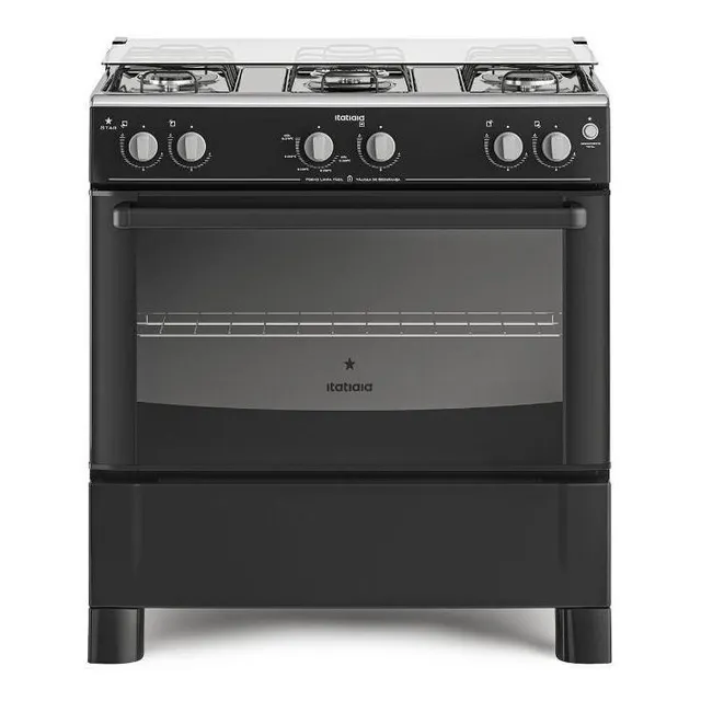 Fogão a Gás 5 Bocas Itatiaia Star Preto com Forno e Tampa de Vidro 127V/220V