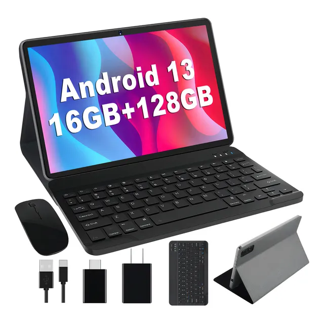2024 Newest Tablet 10 Pulgadas Android 13 16GB RAM+128GB Memoria Rápida, Octa-Cores Súper, WiFi 6(5G+2.4G), BT 5.0, GMS Certified, 13MP+5MP, 8000mAh, Cuerpo Metálico con Funda, Teclado y Ratón, Gris