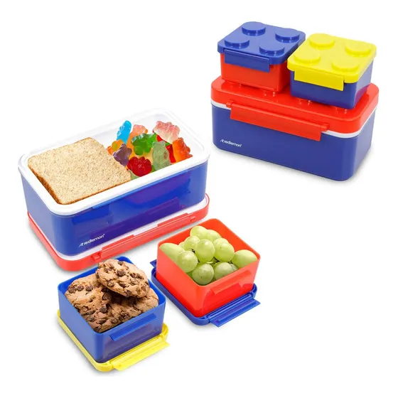 Redlemon Lonchera para Niños con 3 Contenedores Apilables en Forma de Ladrillos de Construcción, Recipientes para Comida Tipo Bento Box con Tapa Hermética, Ideal para Llevar el Lunch, Fácil de Limpiar