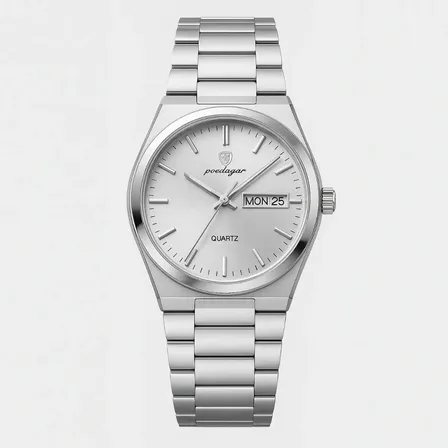 Relógio Masculino Luxo Poedagar Old Money Aço Quartzo Prata Prateado Clássico Branco Capra Pink