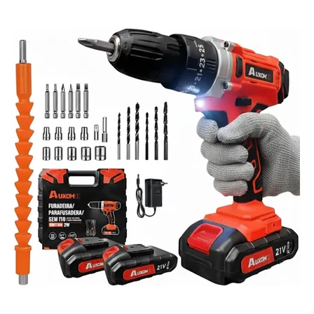 Parafusadeira Furadeira Sem Fio Auxom 800w 1500rpm 21v 2 Baterias Led Vermelho 127/220v 50 Hz/60 Hz