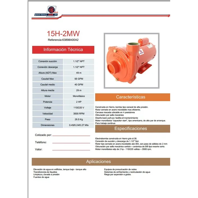 Bomba Centrifuga Ihm Modelo 15h-2mw Motor 2hp 220 Volt 1 Ph