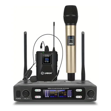 Microfone Sem Fio 2 Em 1 Mão E Headset Dourado