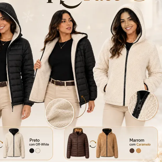 Jaqueta Feminina Puffer Dupla Face Pelinho Forrada Capuz