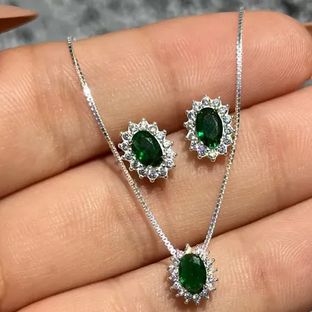 Conjunto Colar E Brinco Feminino Verde Esmeralda Presente Verde
