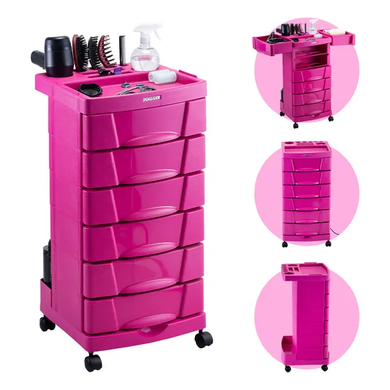 Carrinho Auxiliar Rosa Organizador Para Salão De Beleza 6 Gavetas Dompel Beauty Care