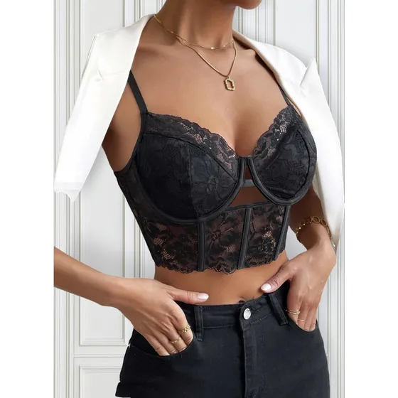 Crops Top De Encaje Con Tirantes Y Escote Para Mujer