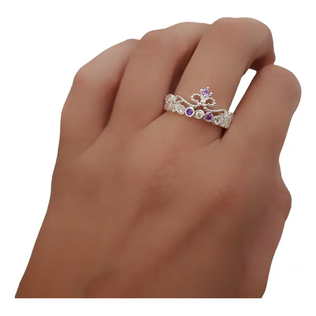 Anillo Plata 925 De Corona Con Piedras Violetas Y Blancas