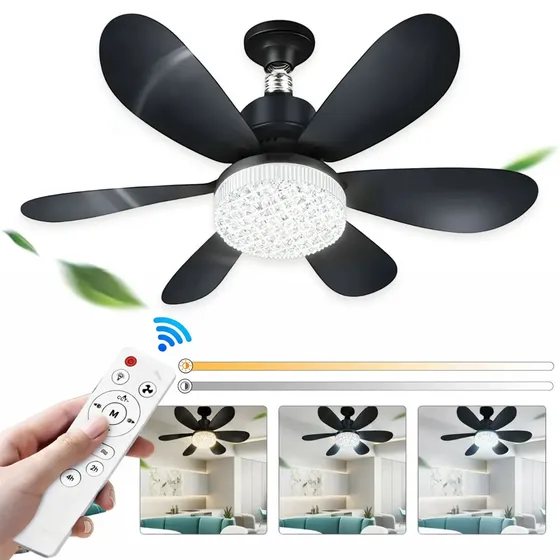 Lámpara Ventilador Cristal 52cm 6 Aspa Con Control Luz 3tono Negro
