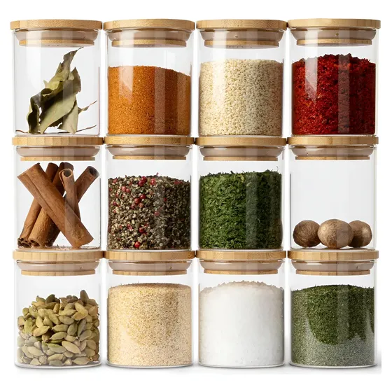 Frascos De Especias Con Tapa De Bambú + Etiquetas Adhesivas Y Marcador 12 Tarros De Cristal Para Especias Especieros Wakeshome