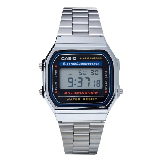 Reloj pulsera digital Casio A-168WA con correa de acero inoxidable color plateado - fondo gris/negro/azul