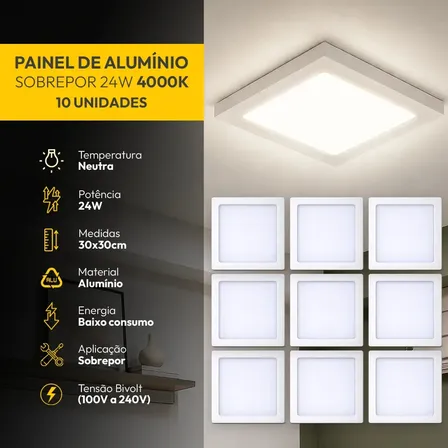 Kit 10 Painel Led Plafon Aluminio Sobrepor 24w 4000k Branco Neutro 29x29cm Quadrado Cod: ALUT002009-10 Alut By Avant