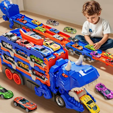 Caminhão De Engolir Dinossauro Transformável Brinquedo 7 Em1 Dinosauros Devoram Carros Azul