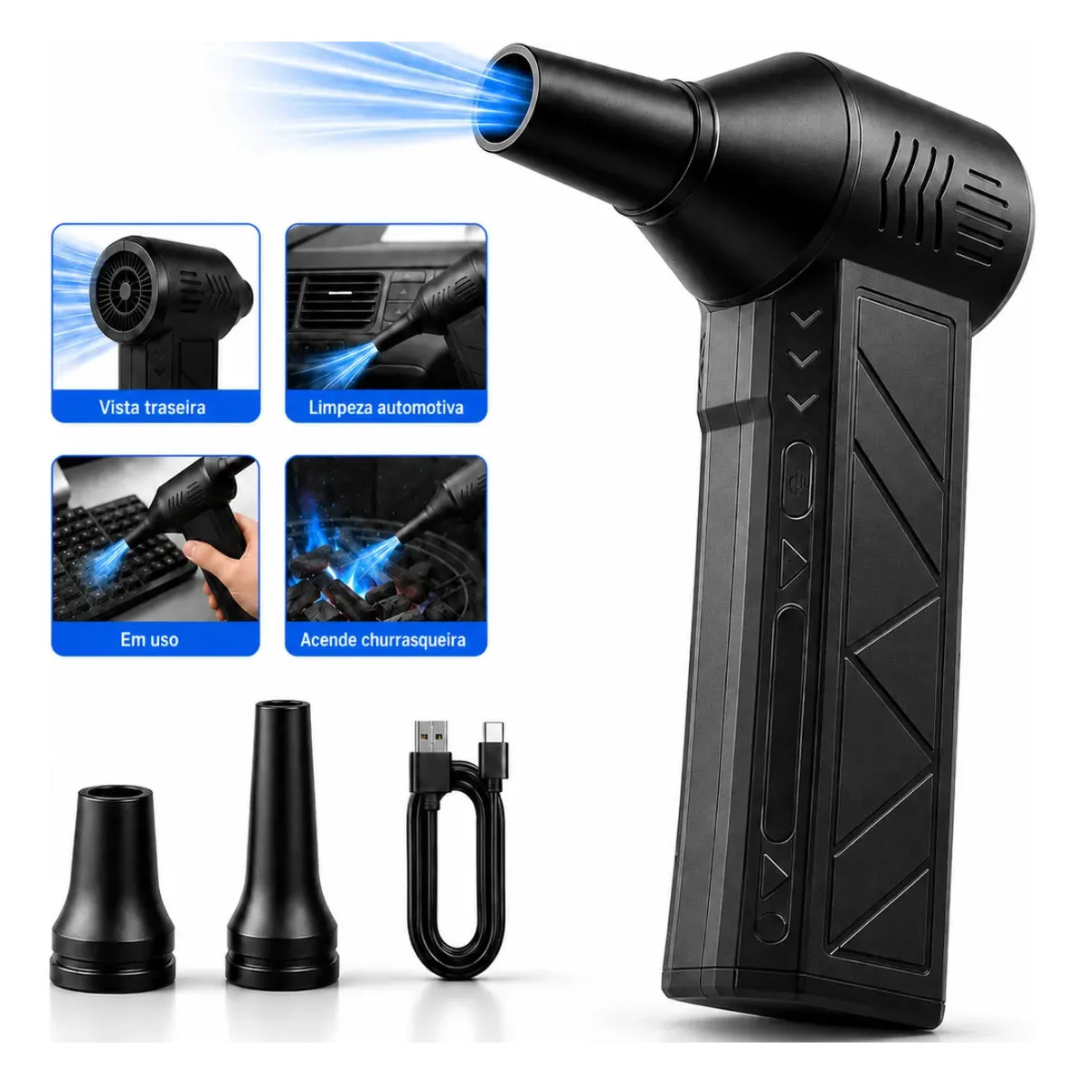 Soprador De Ar Mini Turbo Portátil Usb Sem Fio Recarregável Para Limpeza Com 2 Bicos E Inflar