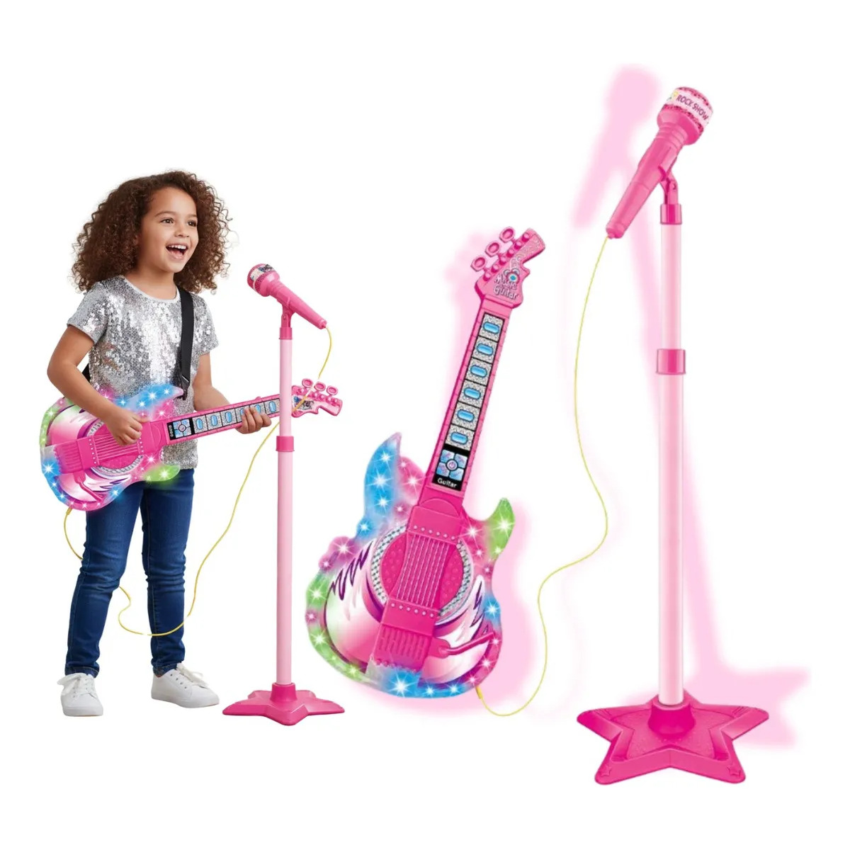 Guitarra Infantil Com Microfone Pedestal E Luzes Brinquedo Instrumento Musical Conexao Mp3 Rock Show Menina Rosa Kizumba