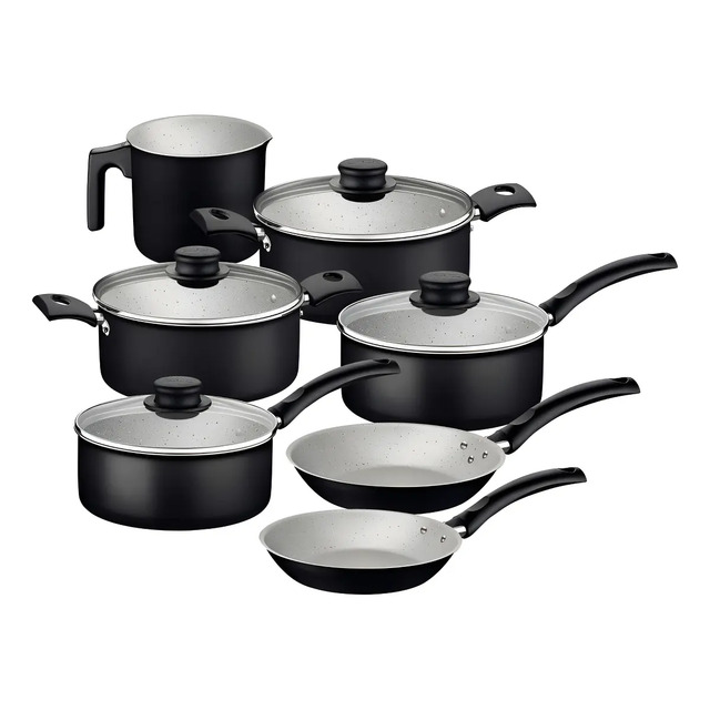 Conjunto de 7 panelas Tramontina Turim na cor preta com revestimento antiaderente e tampas de vidro