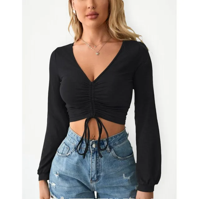 Blusa Crop Top Manga Larga Cuello V Cordón Frontal Fruncido