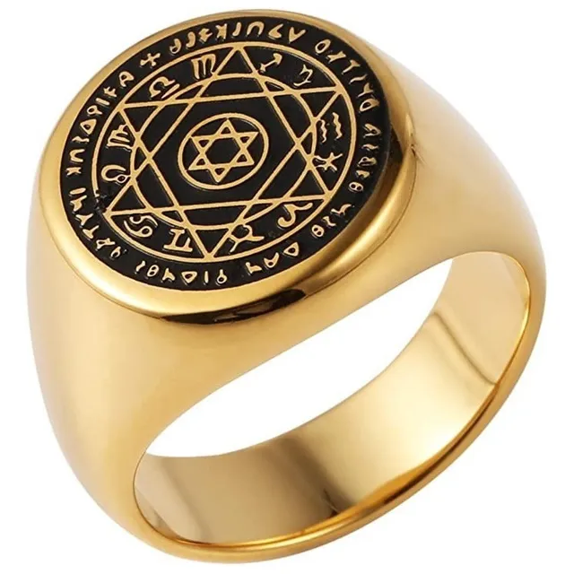 . Anillo Amuleto Rey Salomón Dorado Acero Inoxidable