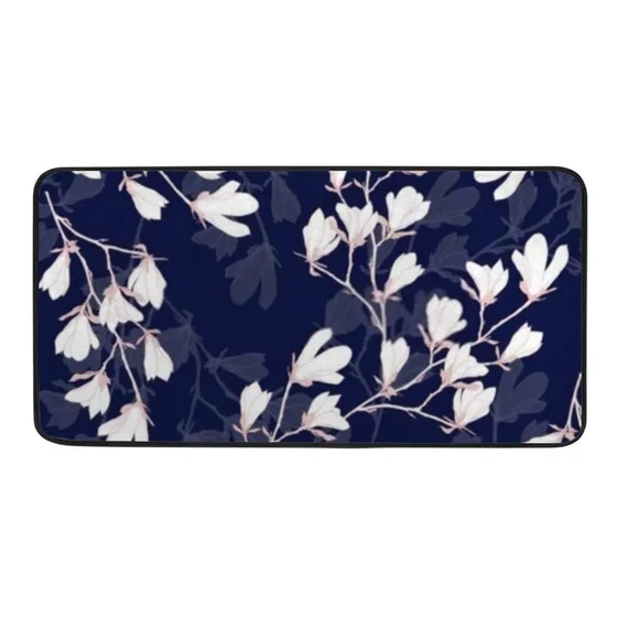 Alfombra Cocina Larga Diseño Magnolia Flor Blanca Azul Suave
