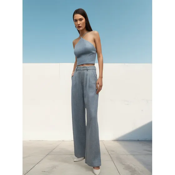 Calça Iódice Wide Cós Alto Com Termocolante Jeans