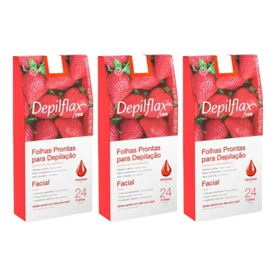 Kit 3 Folhas Facial Depilação Cera Depilflax Morango 72 Ud.