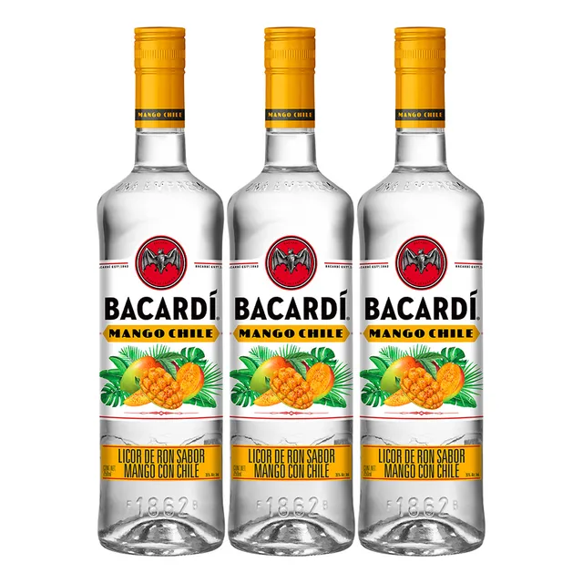 Paquete De 3 Licor De Ron Bacardi Mango Chile 750 Ml