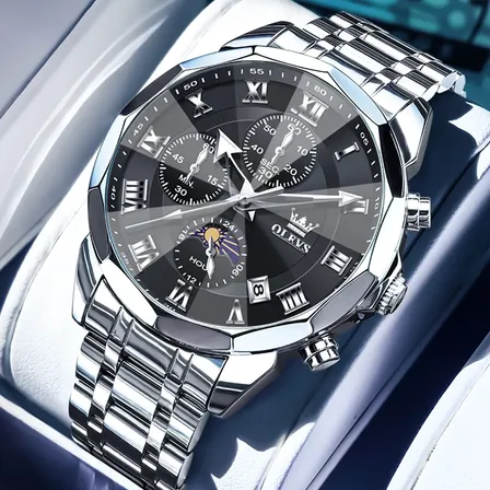 Olevs Relógio Masculino Original Luxo Aço Quartzo 3675 Prateado Preto