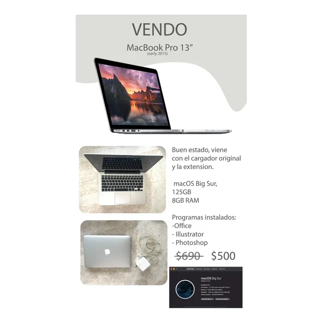 Mac Book Pro 2015 Perfecto Estado Con Programas Originales Gris