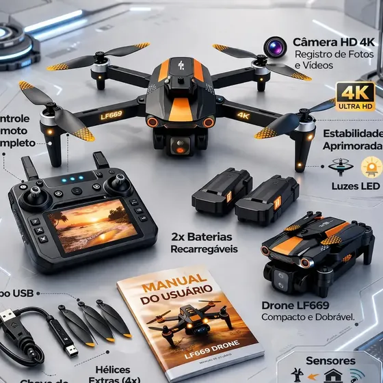 Drone LF669 Max Popsy GPS 4K com Câmera Dupla Ajustável e Evita Obstáculos 360°